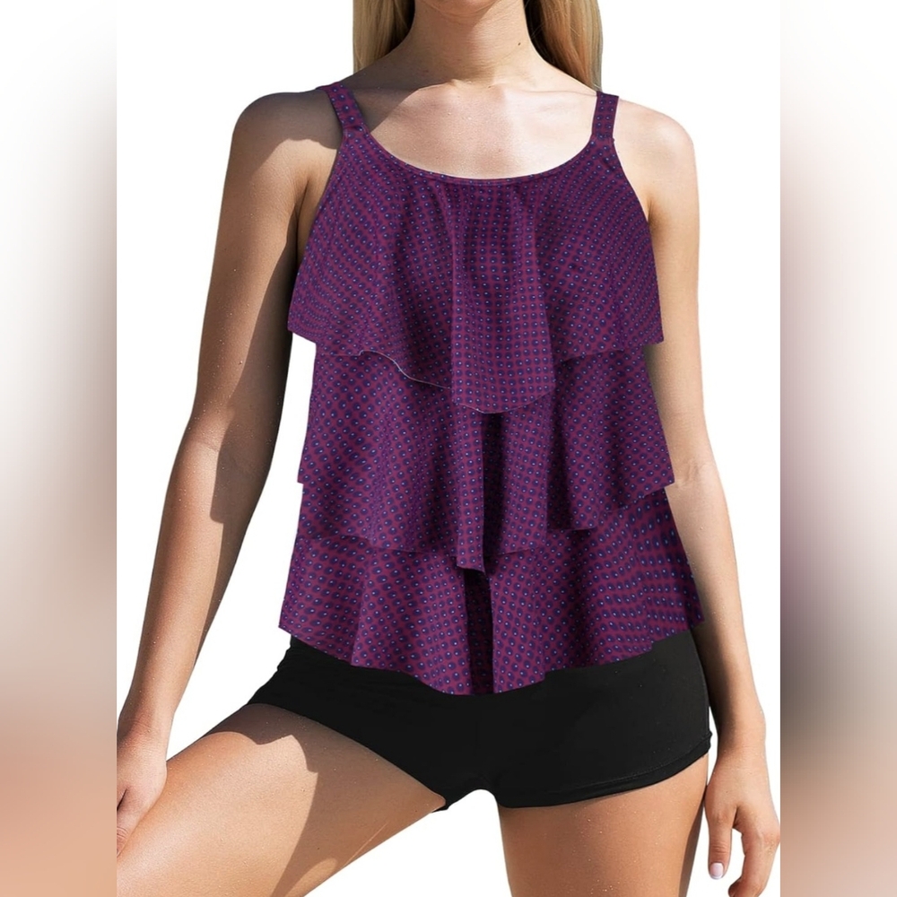 NWT Septangle Women's Tankini Swim Purple Polka Dot Size 12
